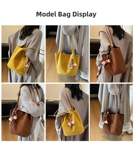 Detailed views of high-capacity tote bags in yellow and brown with plush bone charms