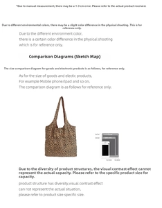 Size comparison chart for leopard print canvas tote bag showing dimensions with iPad