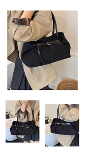 Detailed views of a black corduroy tote bag with leather straps and metal buckle accent