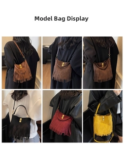 Six colors of fringe crossbody bags displayed on models showing matte suede texture