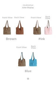 Color display showing three reversible corduroy tote bags in brown, pink, and blue