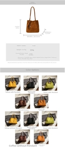 Detailed size chart and multi-color options for casual suede shoulder tote bag