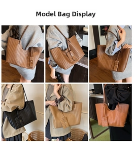 Detail of woven faux leather tote bag showing large capacity and matching small pouch