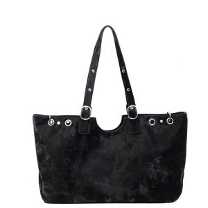 Minimalist large capacity black shoulder tote bag with silver metal eyelets and adjustable strap