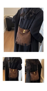 Three views of a vintage brown fringe shoulder bag worn by a model in a black blazer