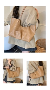 Detailed back view of khaki woven tote bag with matching small pouch on a shoulder strap