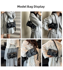 Collage of black Y2K rivet shoulder bag worn with different outfits in indoor setting