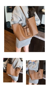 Detail of dark brown woven leather tote with matching small pouch and shoulder strap