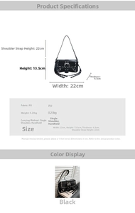 Detail of black PU leather shoulder bag with silver studs and metal buckle accents