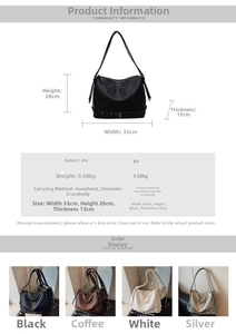 Detailed spec sheet showing PU tote bag dimensions 33x28x13cm and four color options