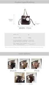 Detailed size specifications for women's bucket bag with five color options and dimensions
