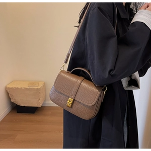 Close-up of retro brown crossbody bag with lychee leather texture and gold hardware