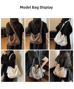 Detail view of large tote bags in brown, beige, and silver colors with lychee texture