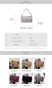 Detailed view of canvas crossbody bag specs and six color options with multiple pockets