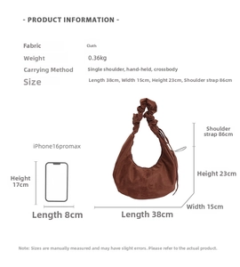 Detailed size specifications of brown pleated hobo bag compared with smartphone