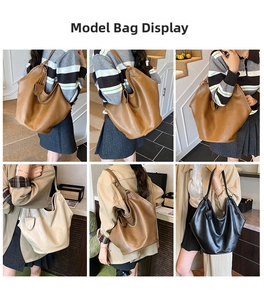 Multi-angle view of large minimalist tote bags in brown, beige, and black colors