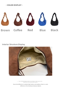 Detail view of suede crescent bag showing interior zipper pocket and five color options