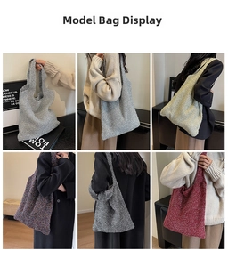 Multiple views of large knit tote bags in various colors showing casual styling and textures