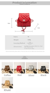 Detailed size chart and material specifications for a stylish quilted PU backpack