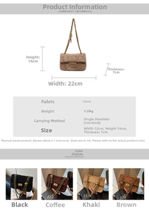 Guide des tailles du sac en velours matelassé avec dimensions 22x14x7cm et détails