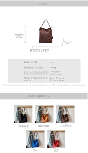 Tableau détaillé montrant les dimensions du sac PU 37x41x4cm et les couleurs disponibles