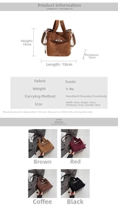 Detailed view of suede bucket bag dimensions and four available colors with crossbody strap