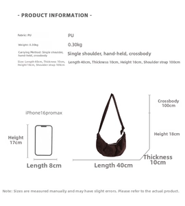 Detailed size chart of the brown PU leather crescent bag with dimensions and scale guide