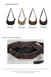Detailed view of large capacity suede dumpling bag showing interior space and multiple colors