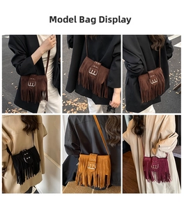 Collage de sacs à bandoulière à franges en marron, noir, jaune et rouge portés