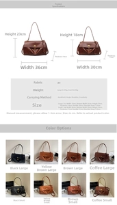 Size chart showing dimensions for large and small PU leather tote bags in four colors