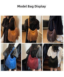 Vues multiples du sac hobo à franges automnal avec texture mate et style bohème