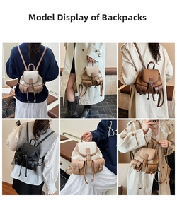 Dettaglio mini zaino in tela e pelle PU con chiusura a coulisse e fibbia sulla patta