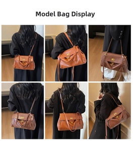 Detailed views of a brown faux leather tote bag with a golden clasp and shoulder straps