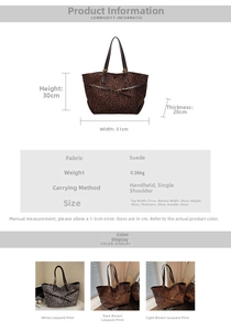 Detailed view of leopard print suede tote bag with dimensions and multi-color options