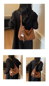 Vintage brown suede shoulder bag for women shown in three distinct wearing perspectives