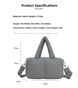 Detailed size and weight specs for gray quilted puff tote bag with long shoulder strap