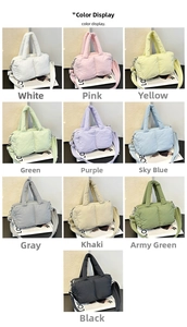 Grid view showcasing ten vibrant colors of soft quilted puffer tote bags with straps