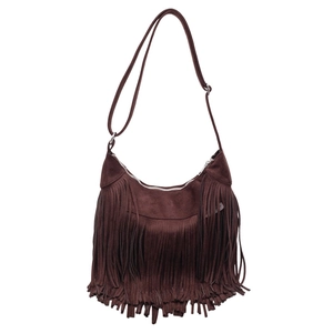 Vintage brown frosted suede crossbody bag with long fringes and bohemian aesthetic