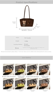 Detailed dimension chart for large PU suede tote bag with removable bear pendant charm