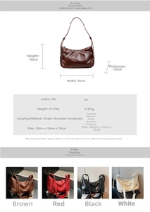 Detailed size chart for soft PU leather tote bag with dimensions 30x18x10cm and weights