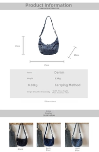Detailed size specifications for crescent denim shoulder bag with wash effect