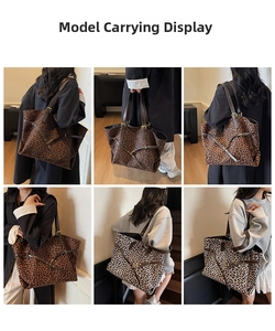 Detail shots of large leopard print tote bag with adjustable brown leather shoulder straps