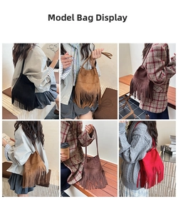 Models displaying vintage tassel bucket bags in black, camel, coffee and red tones