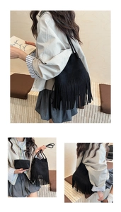 Detail of black tassel shoulder bag set with suede texture and inner zipper pouch