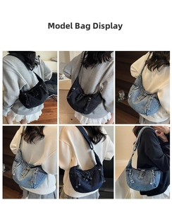 Collage of denim crescent crossbody bags in multiple colors worn by a model