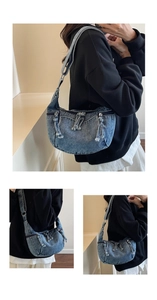 Detail of light blue denim crossbody bag featuring triple front zipper pockets and denim knots