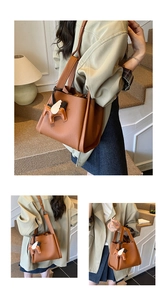 Stylish brown bucket bag for women with cute winged horse charm, versatile shoulder design.