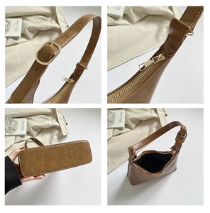Detailed views of brown hobo bag showing adjustable strap, zipper, and smooth bottom
