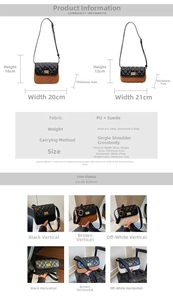 Detailed size chart and material guide for quilted chain shoulder bag with dimensions