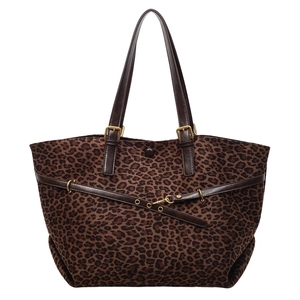 Grande borsa tote leopardata con cinturini in pelle marrone scuro e fibbie in metallo oro